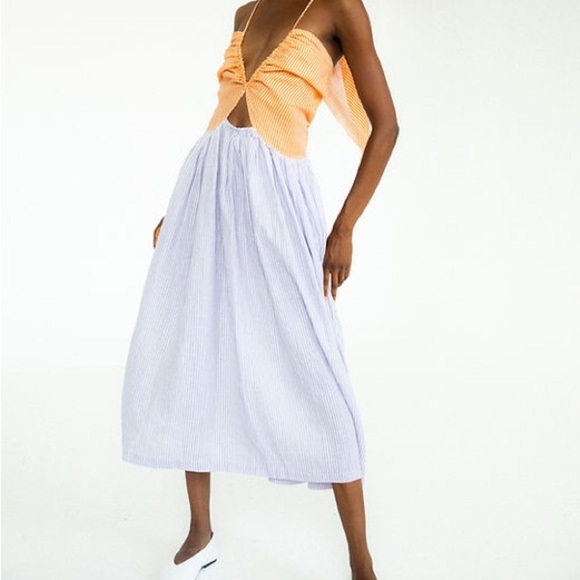Tach Clothing Sandine Linen Dress Orange & Lilac Size Large Strappy Colorblock - Picture 1 of 9